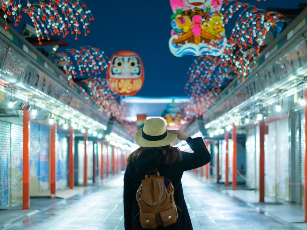 Traveling girl walking through streets of japan